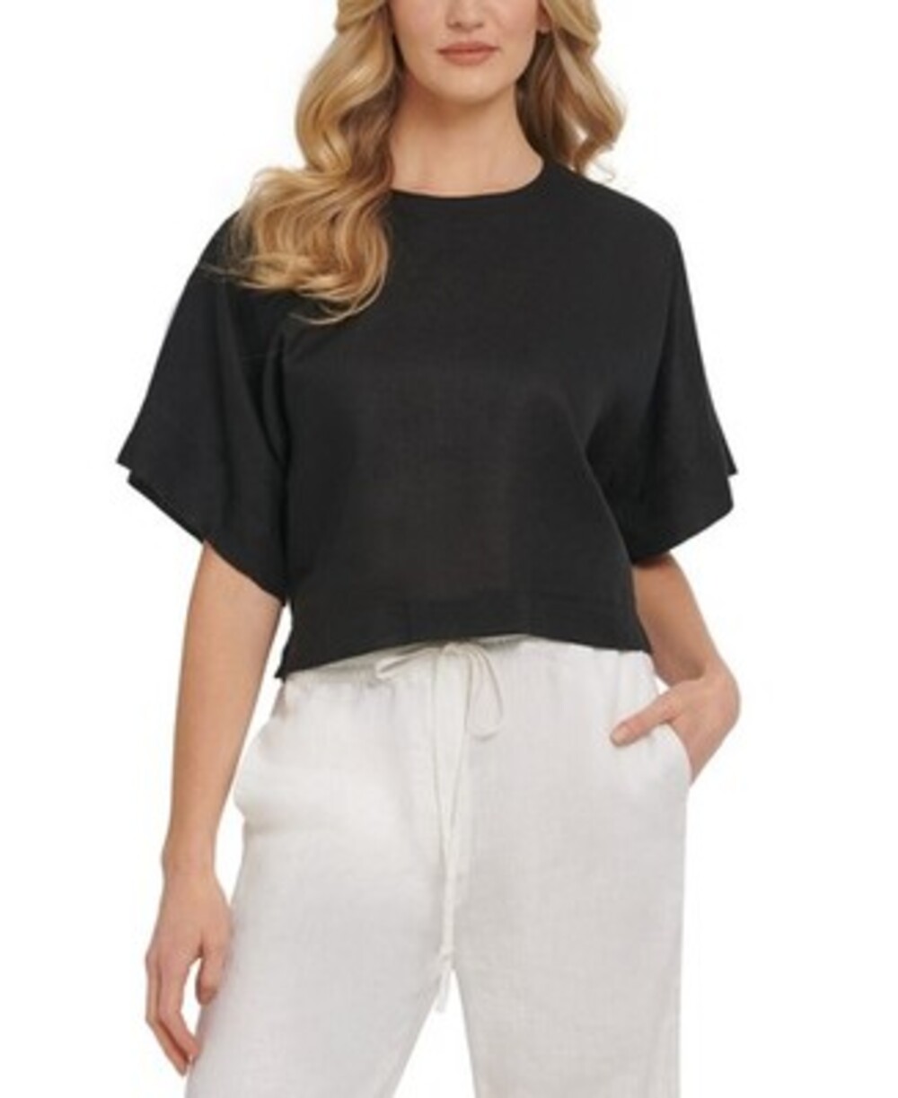 DKNY Crewneck Comfort Drop Shoulder Top Women's Medium Black Short Sleeve
